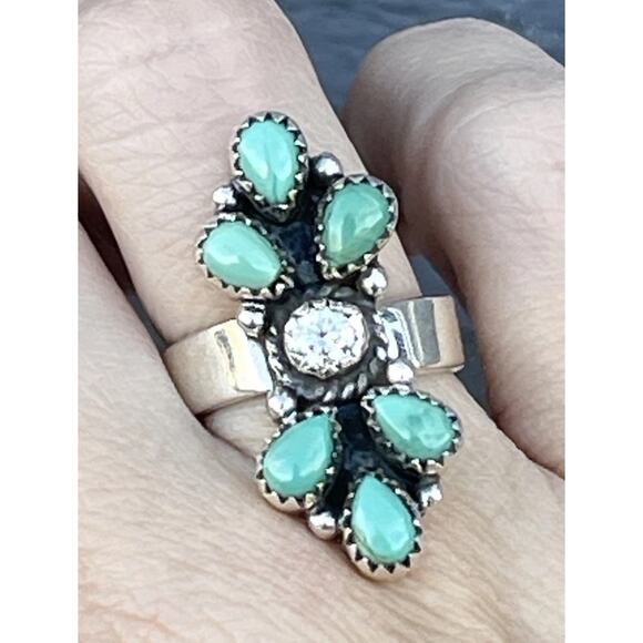 Kingman Turquoise & Moissanite Cluster Sterling Adjustable Ring-Southwest 5.5-7 - Picture 1 of 9
